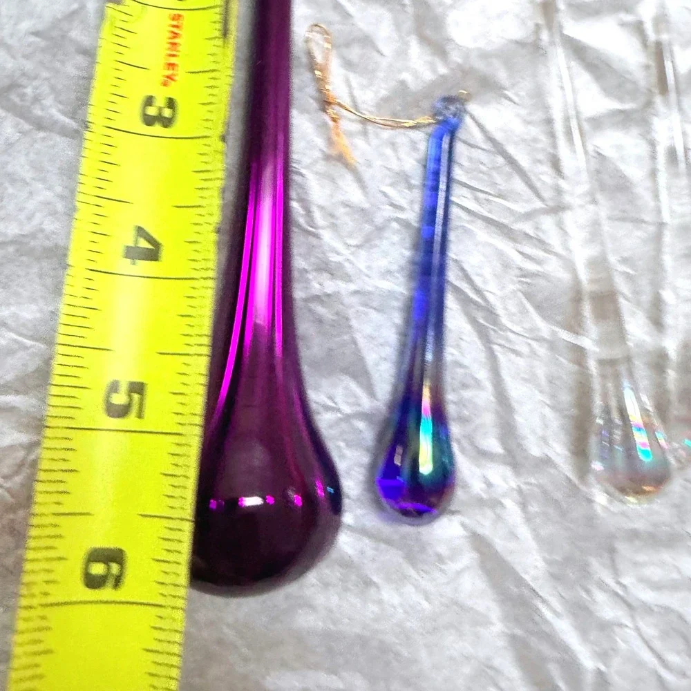 Vintage Hand Blown Glass Icicle Ornaments Purple Blue Iridescent Clear Set of 8